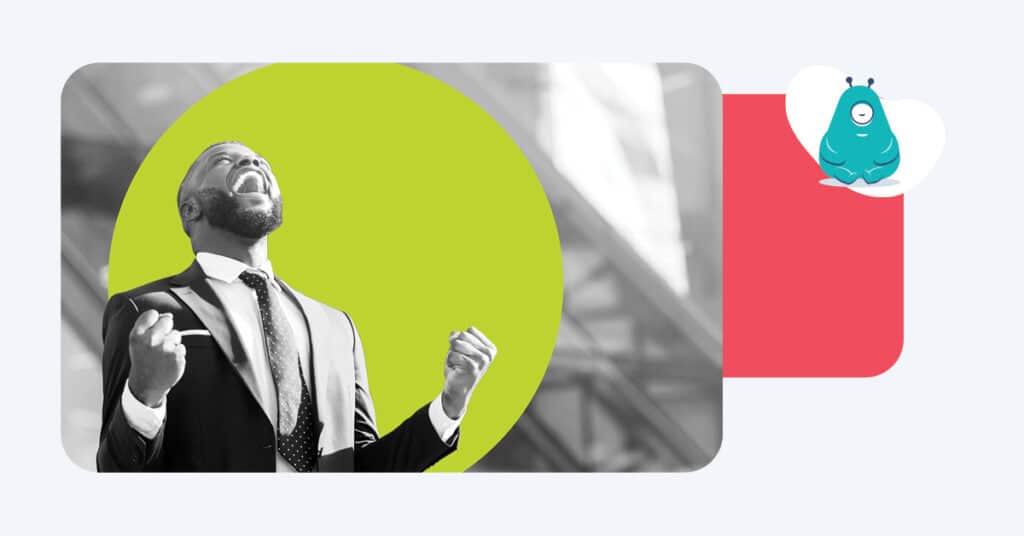 A triumphant marketer cries out in triumph with a bright yellow background as an illustrated Act-On alien character meditates calmly on implementing marketing automation.