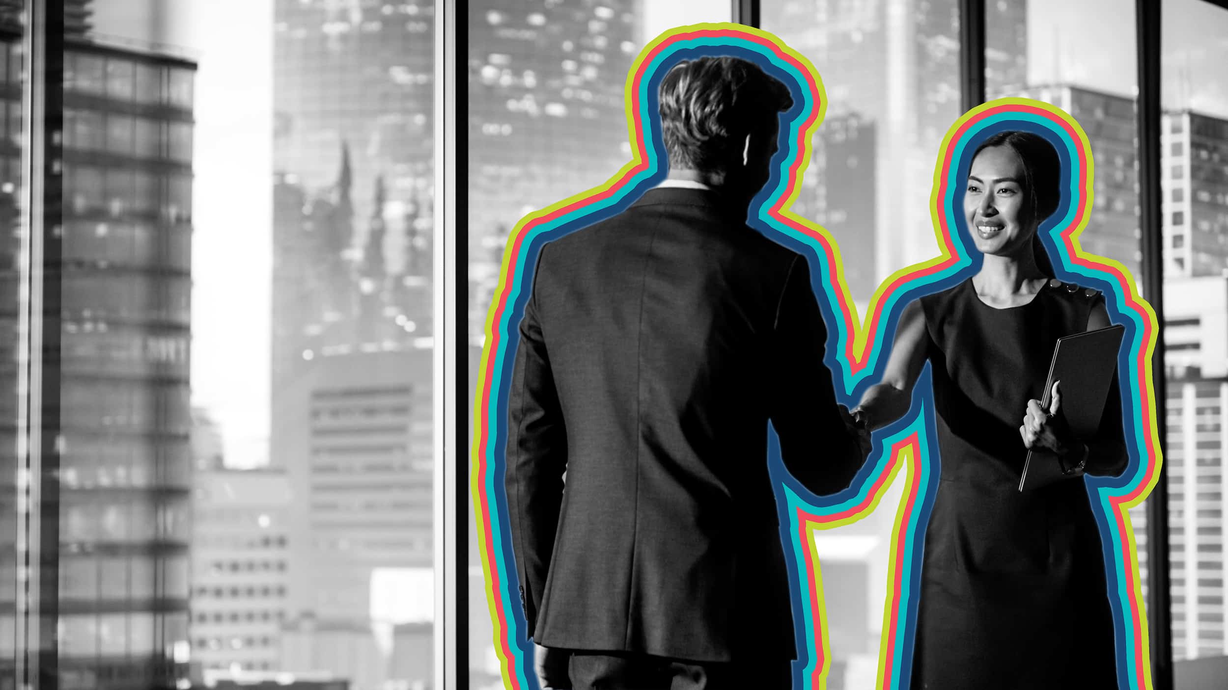 Marketing and client preparing to discuss advertising agency challenges.