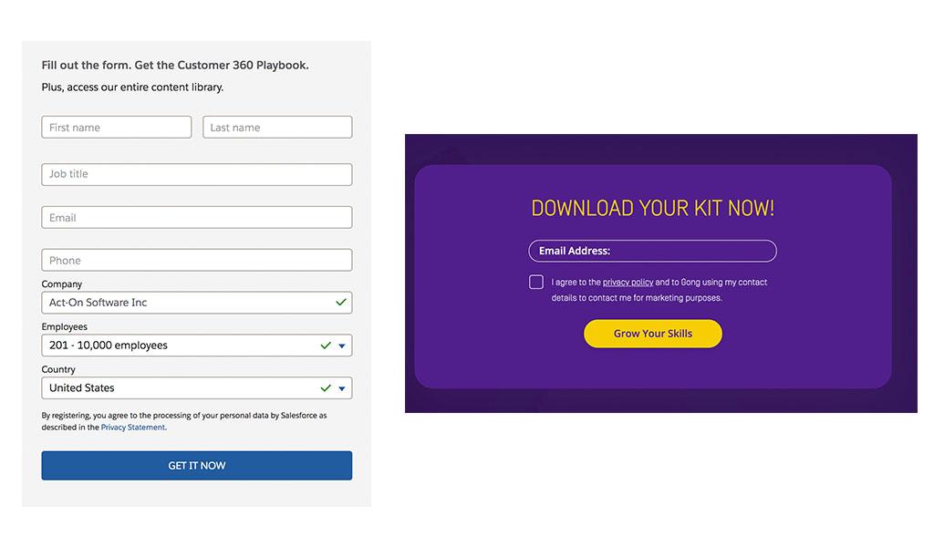 Examples of a complicated landing page form on the left and a simple form on the right.
