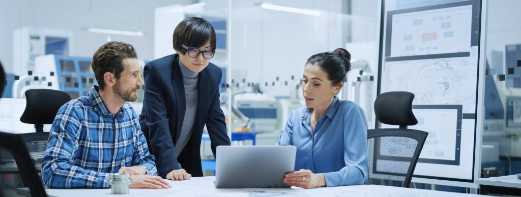 Colleagues researching marketing automation for tech companies.