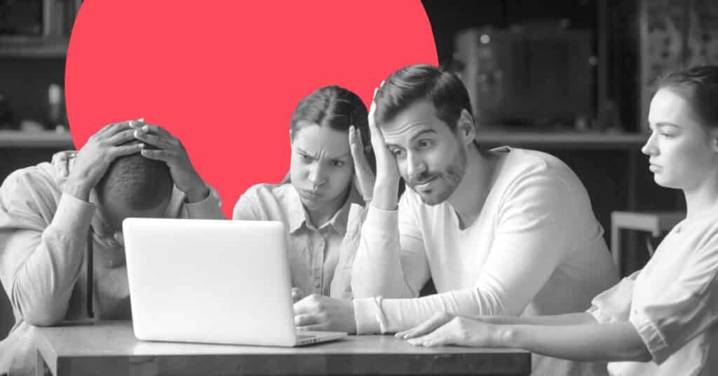 Colleagues discussing bad mail subject lines.