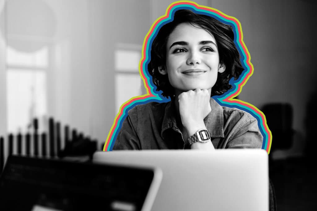 Smiling woman contemplating a link earning strategy.