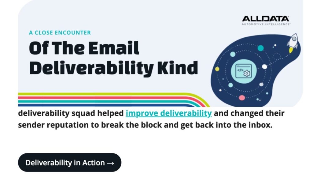 Call to Action example, "Deliverability in Action" in a button underneath promotional copy.