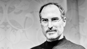 Steve Jobs black and white headshot.