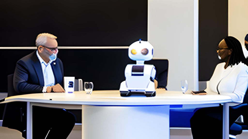 A small tabletop robot discusses AI marketing automation with members of the press.