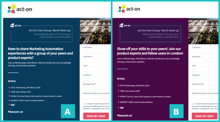 Act-On's landing page optimization tools for A/B testing.