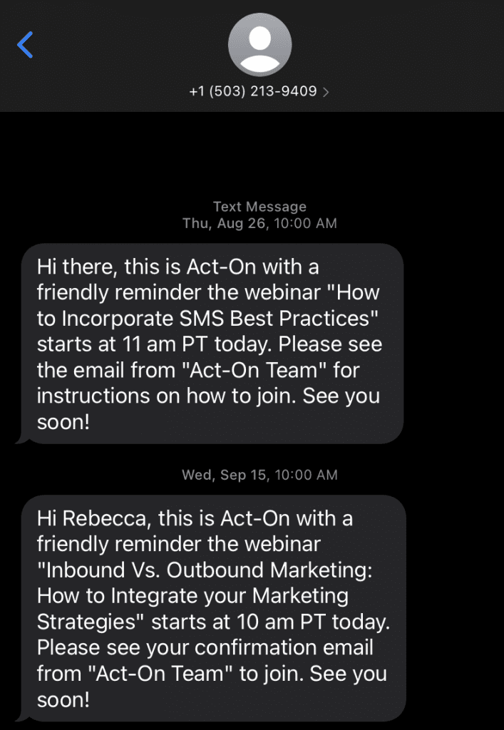 Screenshot of SMS marketing example from Act-On, showing a webinar registration reminder.