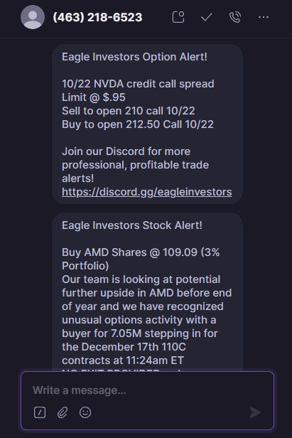 Screenshot of an SMS marketing example from Eagle Investors, showing alerts on stock prices.