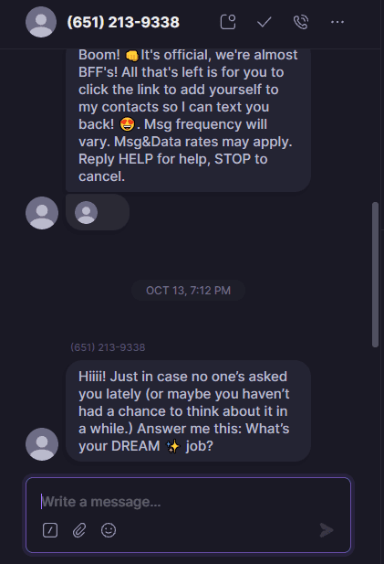 Screenshot of SMS marketing example from Jenna Kutcher, showing a prompt for user-generated content.