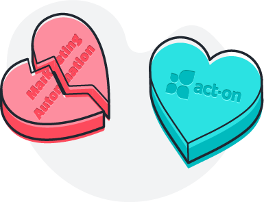 Two cartoon conversation hearts. A broken one reads "marketing automation" and another features the Act-On logo.