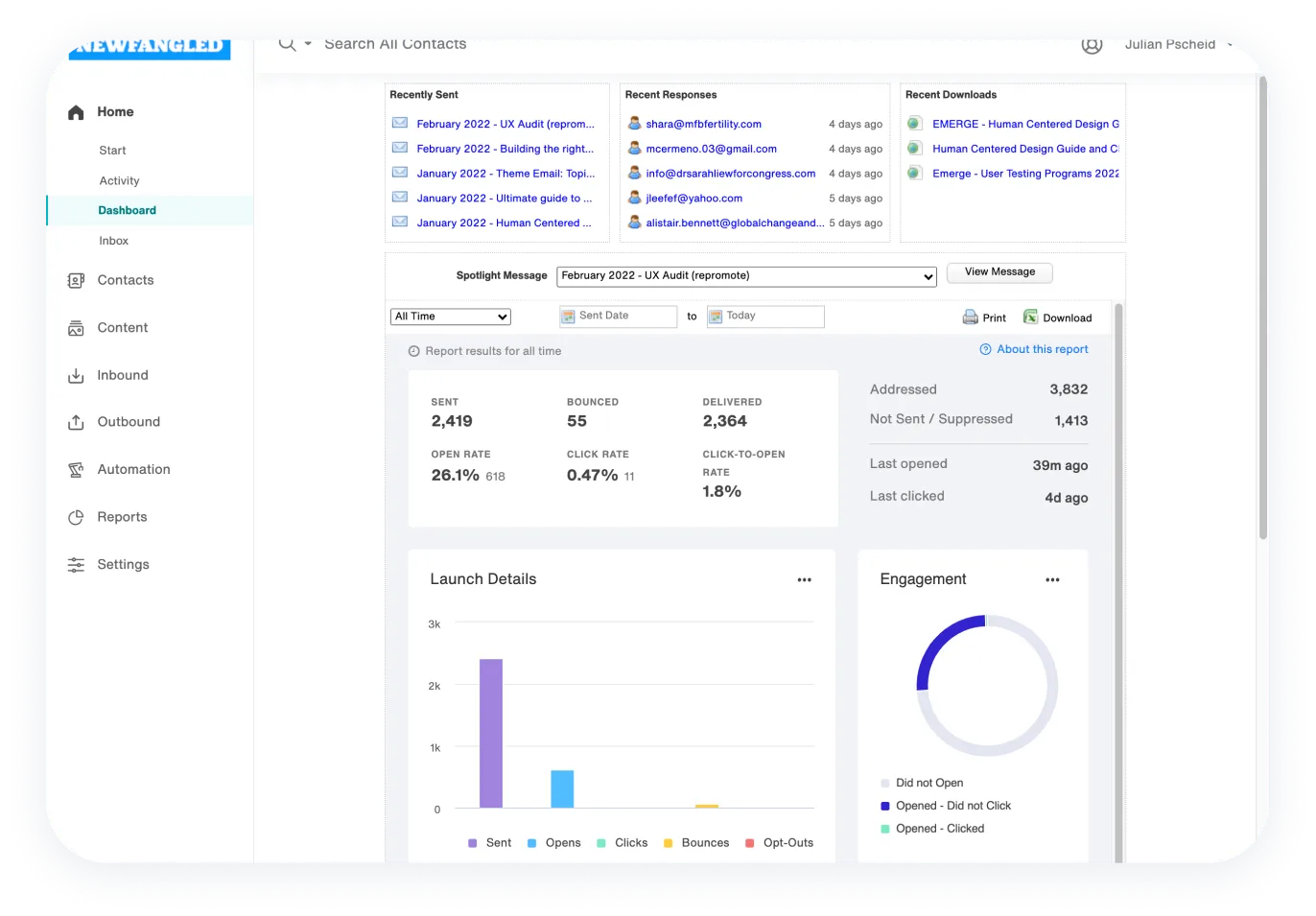 Act-On platform screenshot shows a dashboard with highlighted metrics including bounces, sent emails, and engagement rates