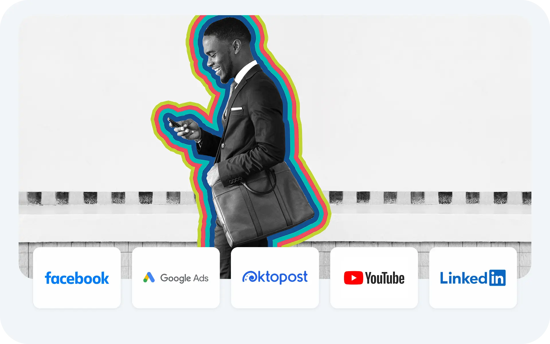 A man looks at a cell phone with decorative social media logos at the bottom of the image