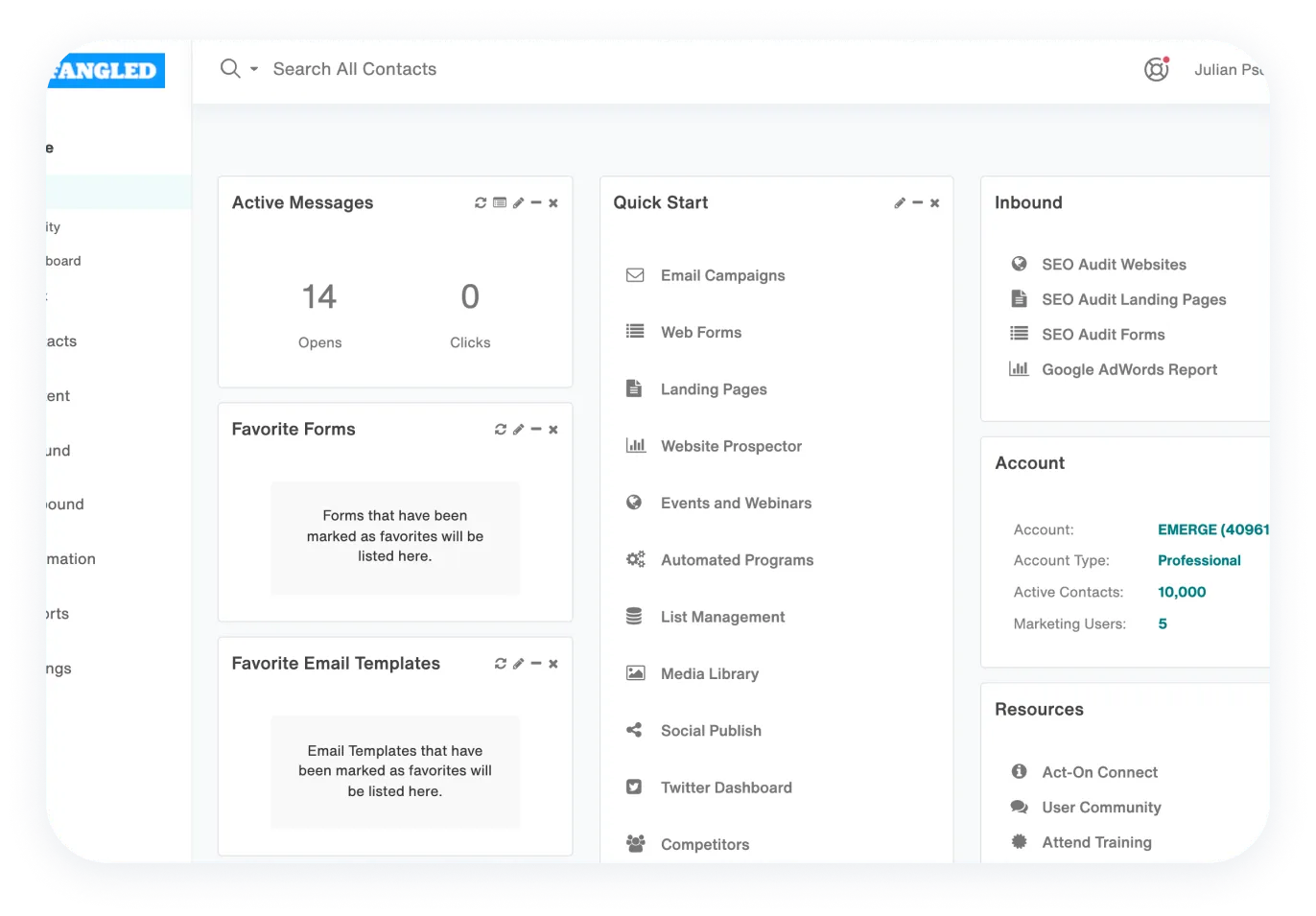 Act-On platform menu screen shows active messages, quick start menu and other functionalities